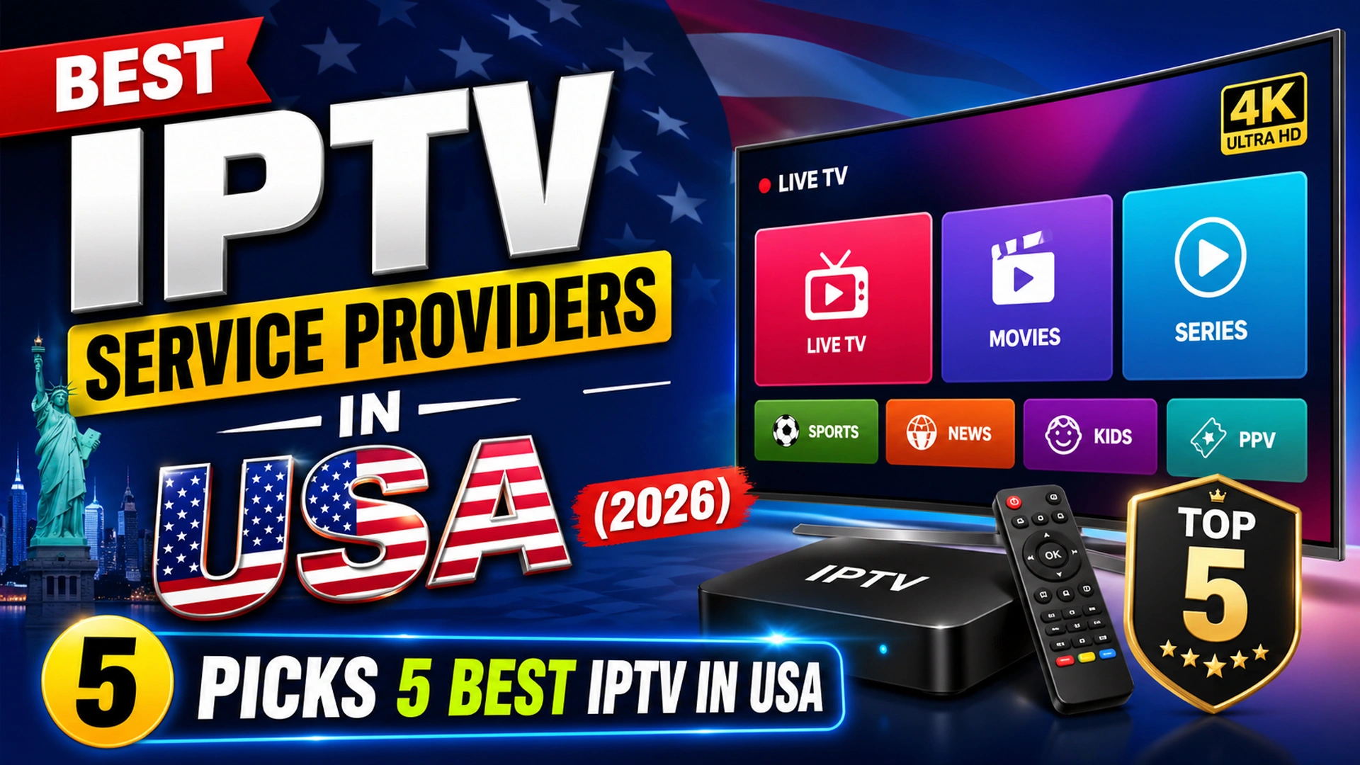 Best IPTV in USA 2026 thumbnail showing top 5 IPTV service providers with streaming TV interface