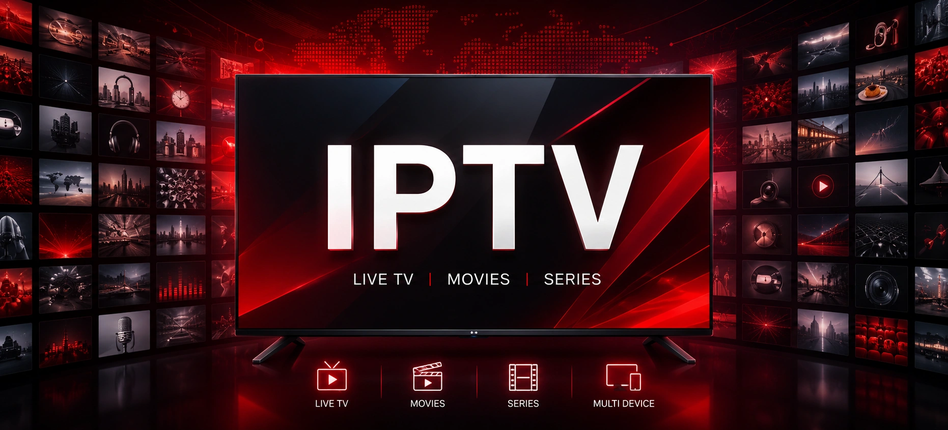IPTV Service Shop — Smart TV displaying Live TV, Movies & Series with 28,000+ HD Channels
