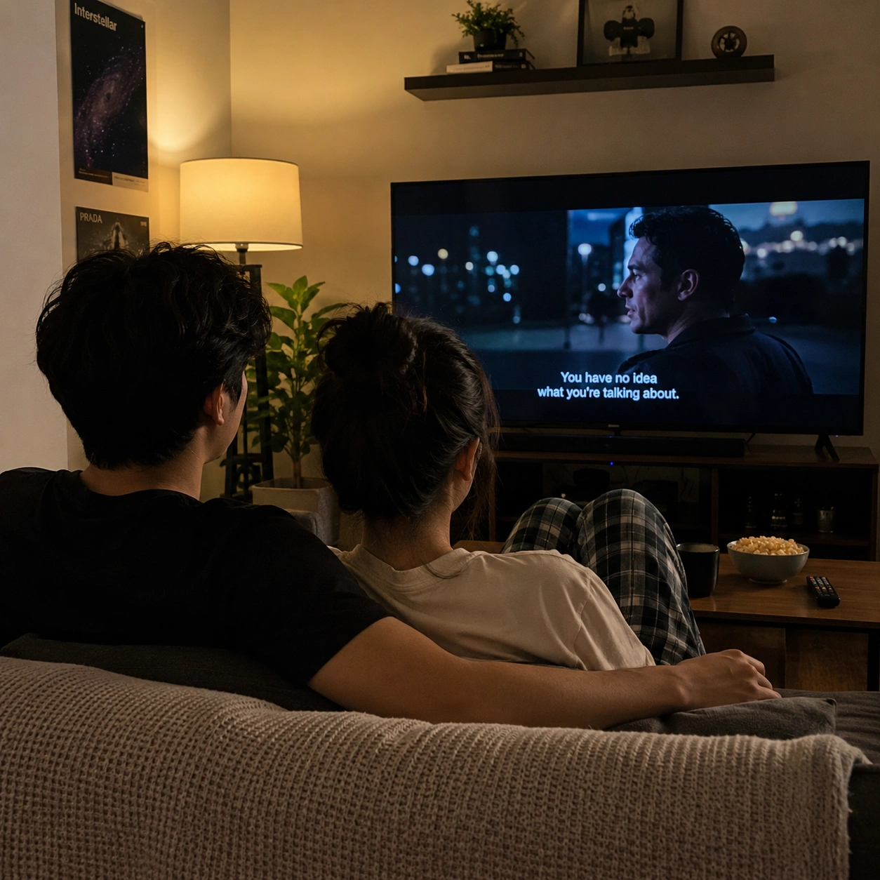 Couple streaming movies at home on Smart TV with IPTV Service Shop subscription
