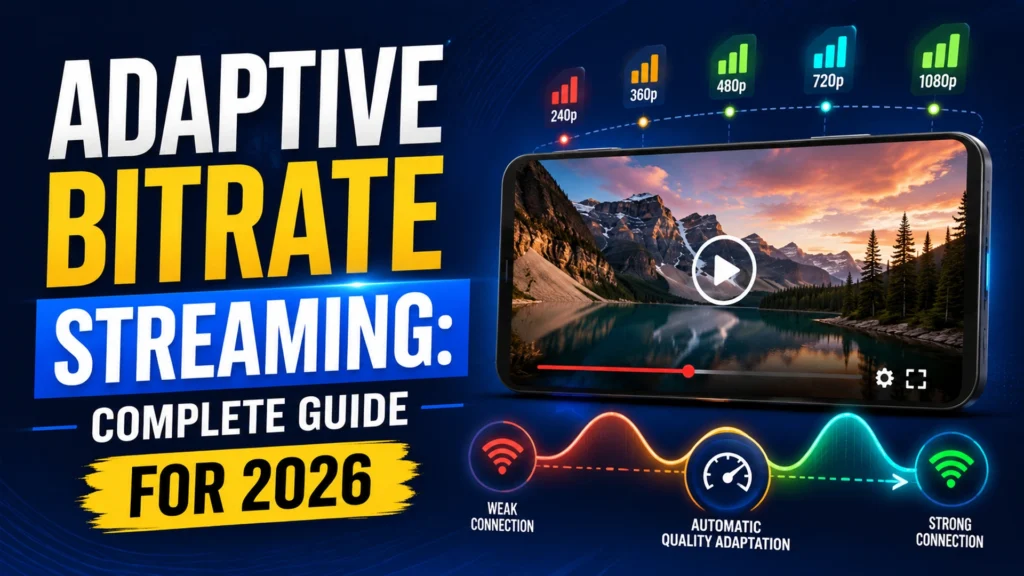 Adaptive bitrate streaming guide showing video quality switching from 240p to 1080p based on weak to strong connection