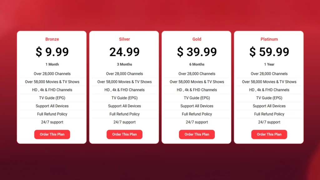 IPTVService.Shop pricing plans 2026 — Bronze $9.99/month, Silver $24.99/3 months, Gold $39.99/6 months, Platinum $59.99/year