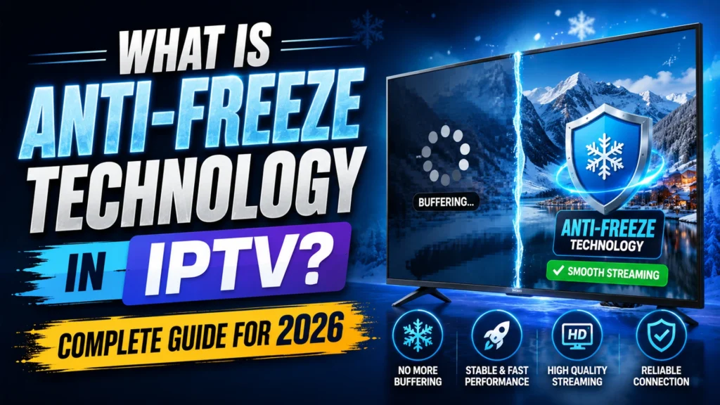 What is Anti-Freeze Technology in IPTV? Complete Guide for 2026 — showing buffering vs smooth streaming comparison
