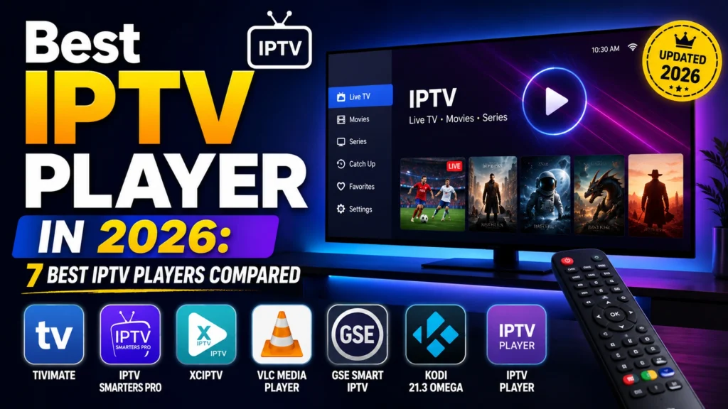 Best IPTV Player 2026 comparison — TiviMate, IPTV Smarters Pro, XCIPTV, VLC, GSE Smart IPTV, Kodi, and IPTV Player app icons with a Smart TV interface showing Live TV, Movies, and Series