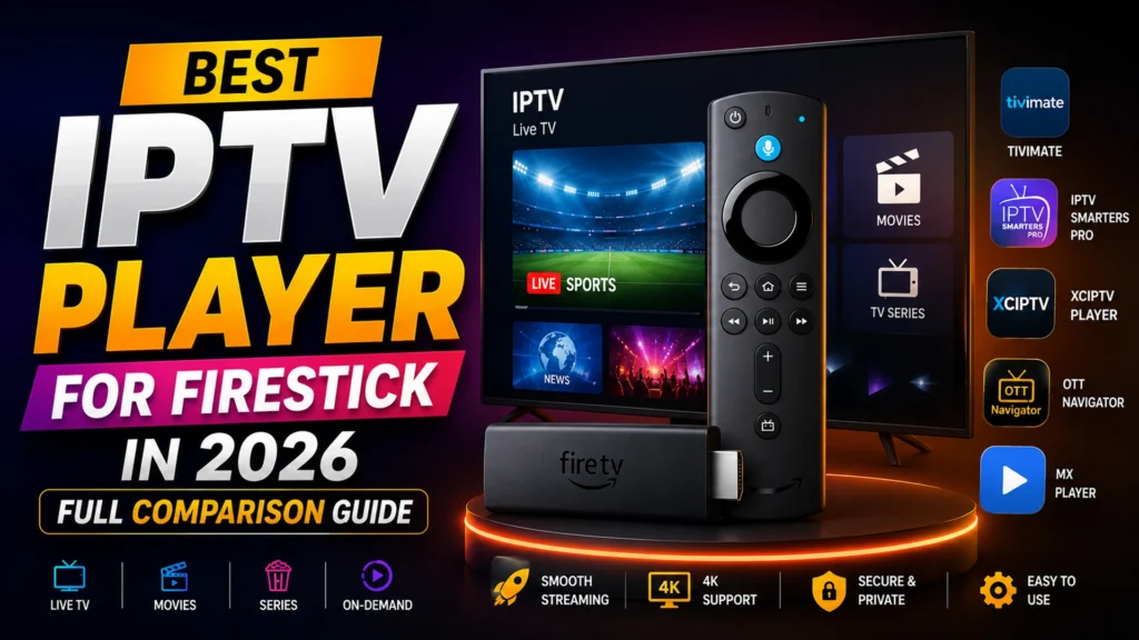 Best IPTV player for Firestick 2026 comparison - TiviMate, IPTV Smarters Pro, XCIPTV, OTT Navigator, and MX Player app icons with Fire TV Stick