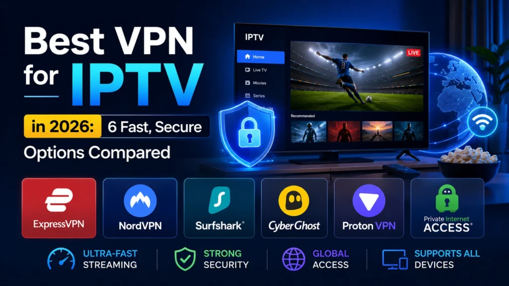 Best VPN for IPTV in 2026 — ExpressVPN, NordVPN, Surfshark, CyberGhost, ProtonVPN, and PIA compared for secure streaming