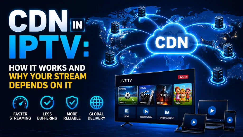 CDN in IPTV diagram showing global edge servers connected to a live TV streaming interface with sports, movies, series, and kids content