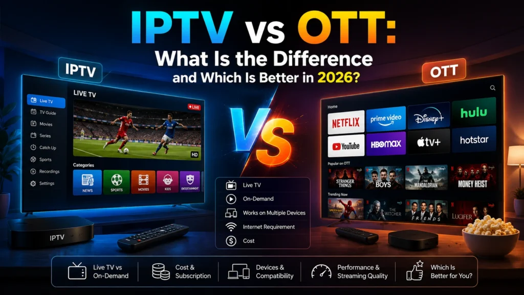 IPTV vs OTT comparison showing live TV streaming, on-demand content, devices, pricing, compatibility, and streaming quality in 2026.