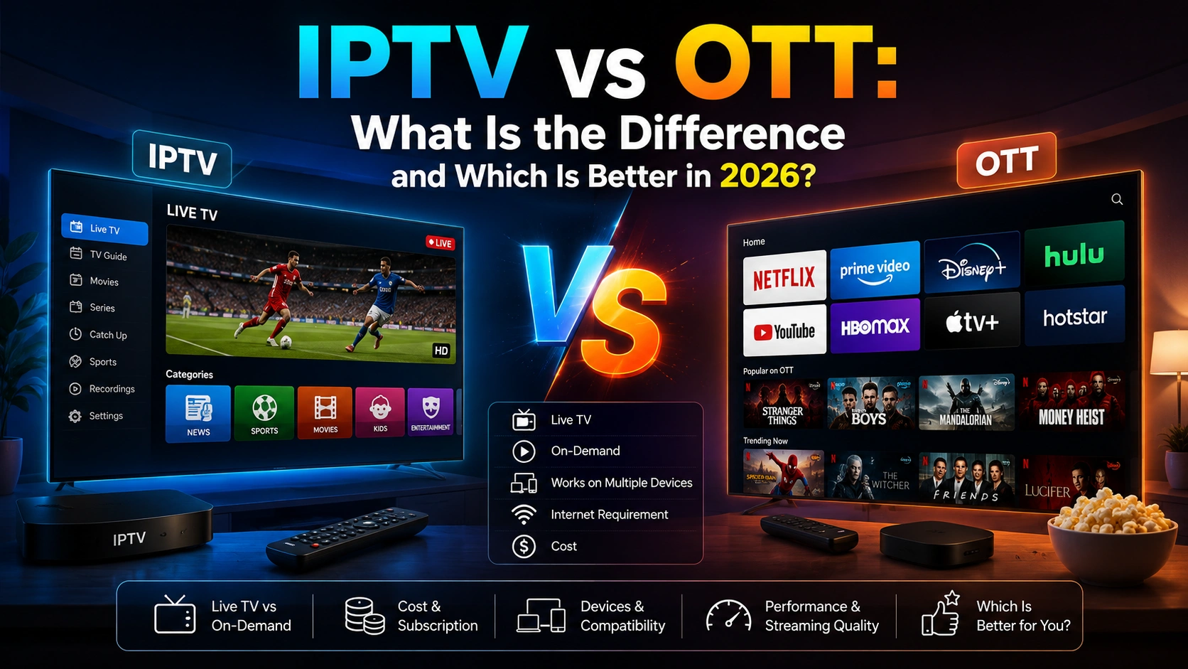 IPTV vs OTT comparison showing live TV streaming, on-demand content, devices, pricing, compatibility, and streaming quality in 2026.
