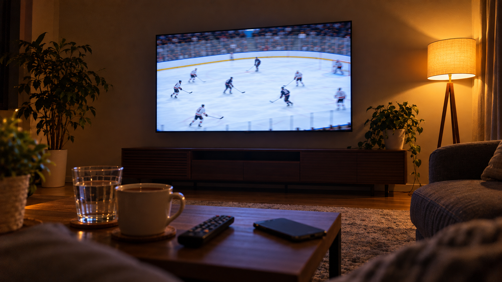 How many NHL games in a season: a living room television showing NHL hockey during the 84-game 2026-27 regular season