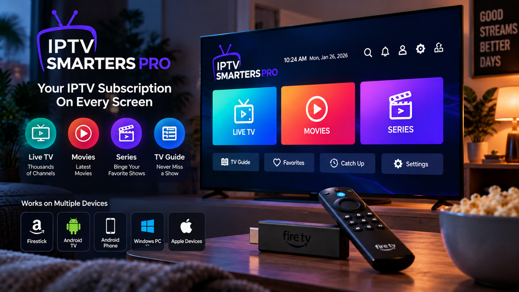 IPTV Smarters Pro main menu with Live TV, Movies and Series