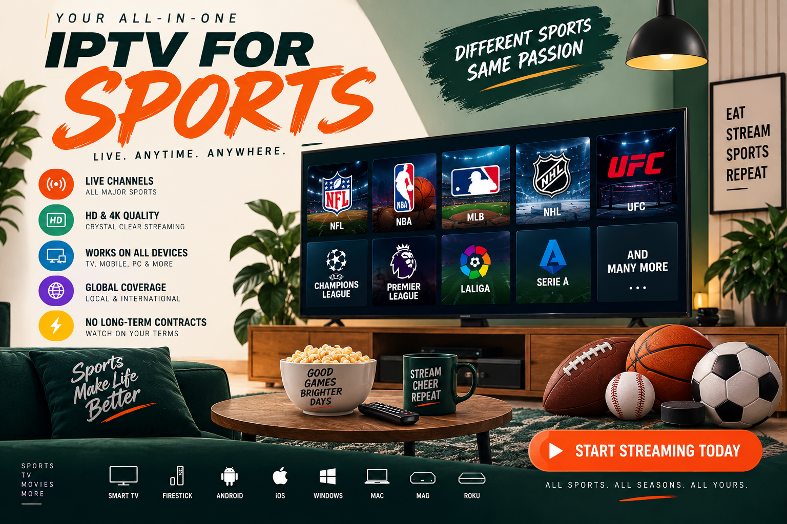 Sports fan watching live NFL game on Smart TV with IPTV