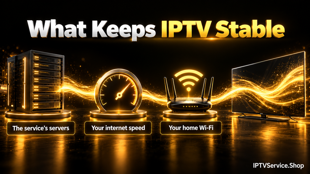 Glowing path from a server rack to a speed gauge and a home router feeding a TV, showing the three parts of a smooth stream