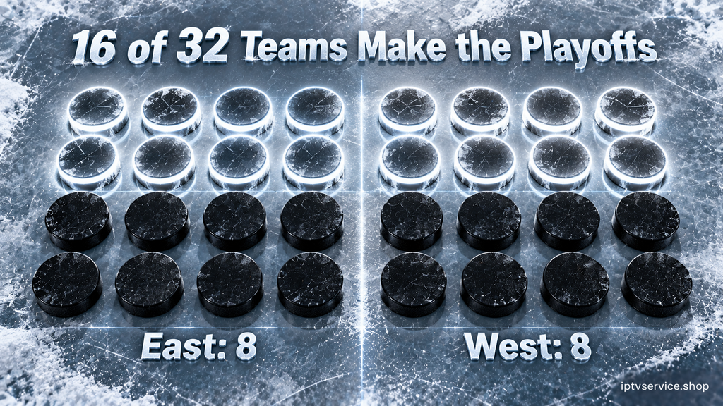 Grid of 32 hockey pucks on ice with 16 glowing, eight in the East and eight in the West, showing half the league qualifies