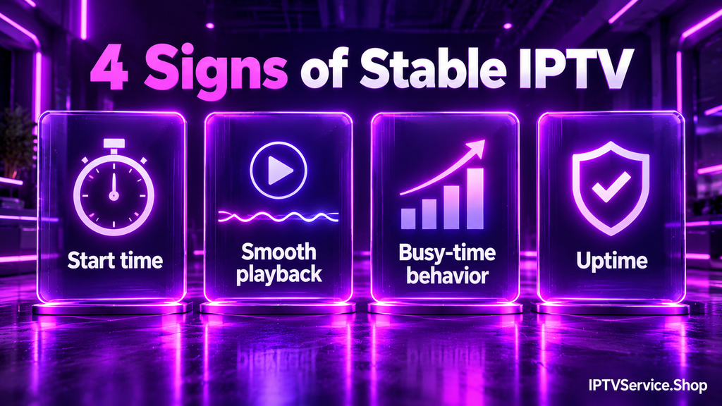 Four glowing panels labeled start time, smooth playback, busy-time behavior and uptime as signs of steady live TV