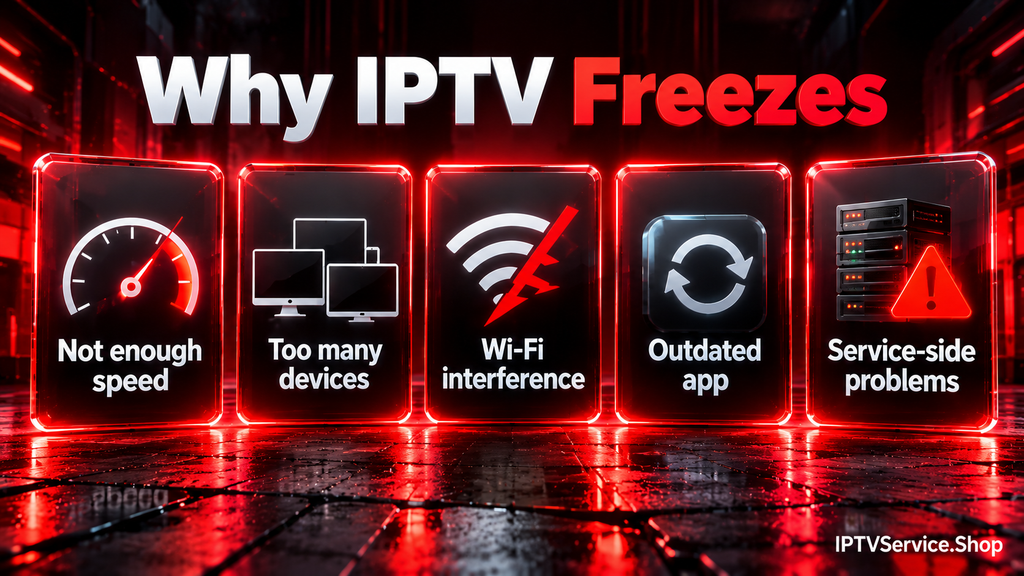 Five red-lit cards showing low speed, too many devices, Wi-Fi interference, an outdated app and server problems