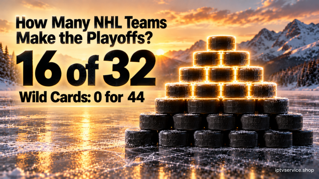 How many NHL teams make the playoffs: 16 of 32 shown on a glowing panel over an empty rink, with wild cards 0 for 44
