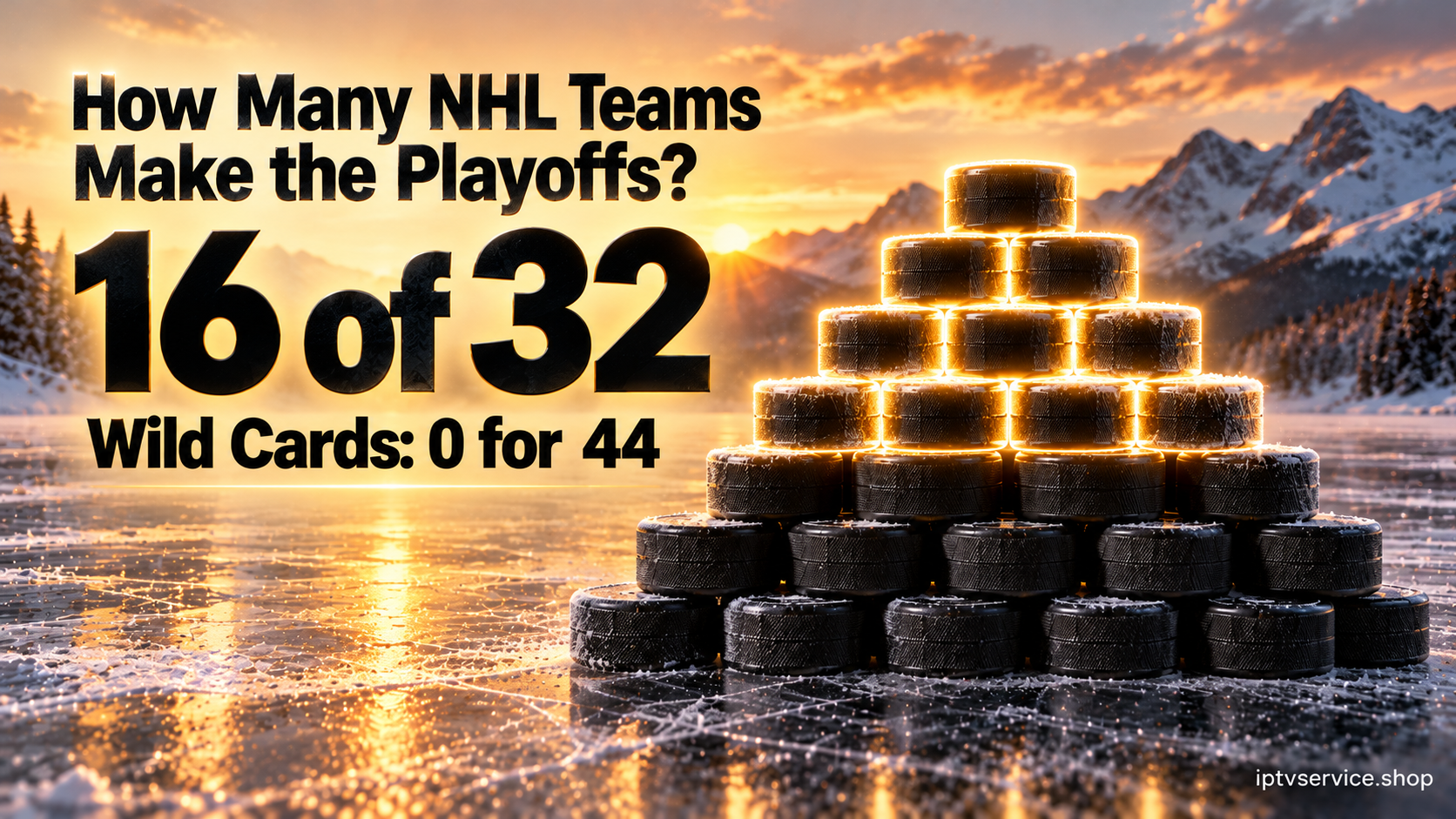 How many NHL teams make the playoffs: 16 of 32 shown on a glowing panel over an empty rink, with wild cards 0 for 44
