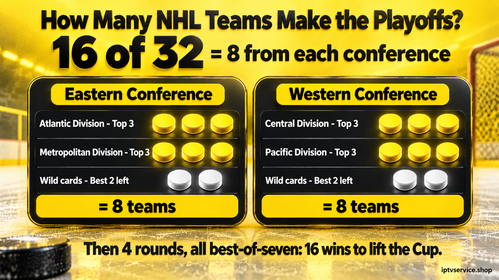 Infographic: the top 3 teams from each of the four NHL divisions plus 2 wild cards per conference make 16 playoff teams